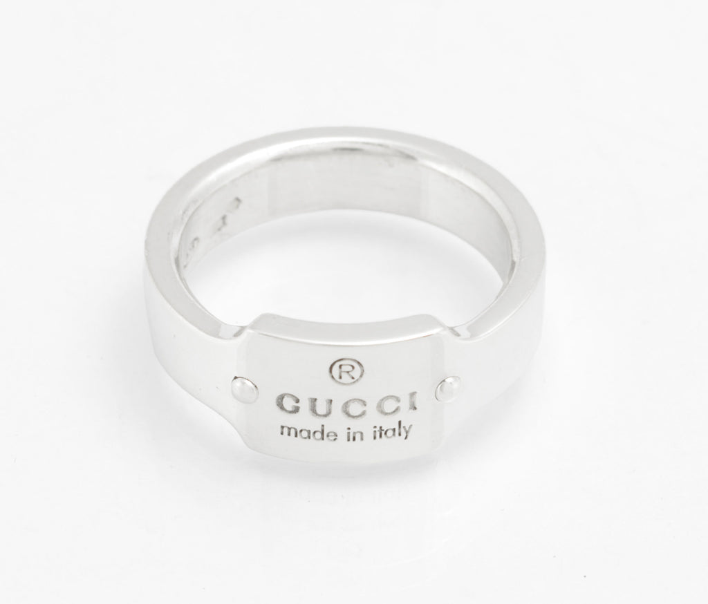 Gucci Sterling Silver Wide Band Ring with Logo Tag Top, Uk Size 01/2, Vintage, Made in Italy (C2957)