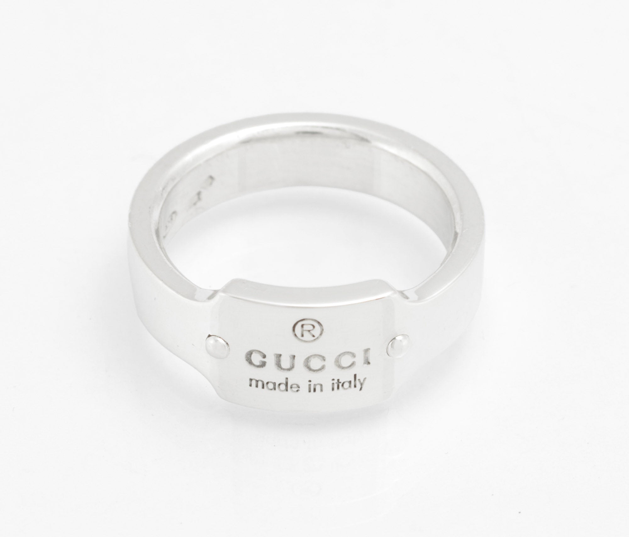 Gucci Sterling Silver Wide Band Ring with Logo Tag Top, Uk Size 01/2, Vintage, Made in Italy (C2957)