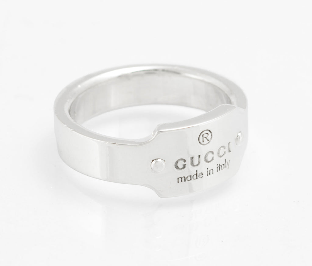 Gucci Sterling Silver Wide Band Ring with Logo Tag Top, Uk Size 01/2, Vintage, Made in Italy (C2957)