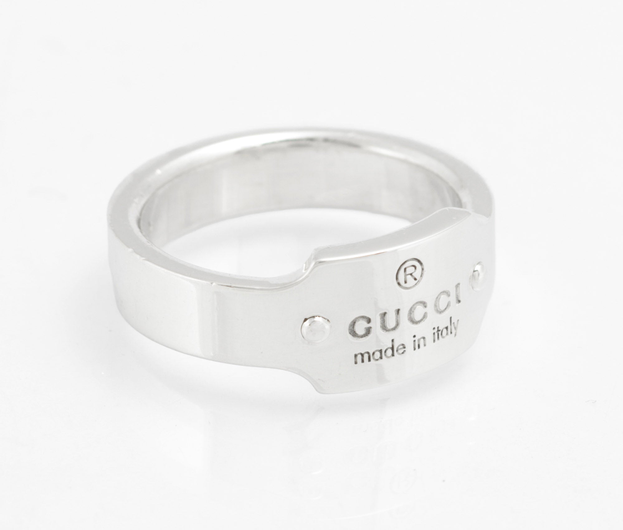 Gucci Sterling Silver Wide Band Ring with Logo Tag Top, Uk Size 01/2, Vintage, Made in Italy (C2957)