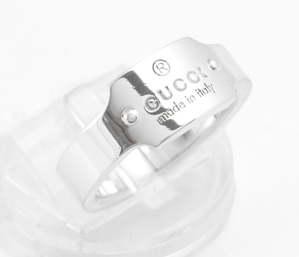 Gucci Sterling Silver Wide Band Ring with Logo Tag Top, Uk Size 01/2, Vintage, Made in Italy (C2957)