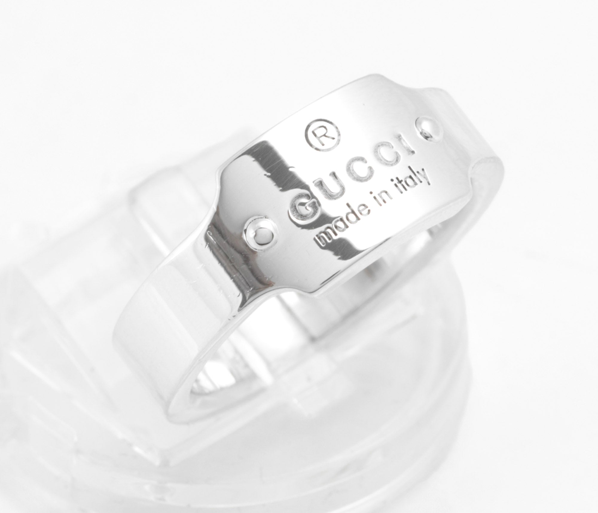 Gucci Sterling Silver Wide Band Ring with Logo Tag Top, Uk Size 01/2, Vintage, Made in Italy (C2957)