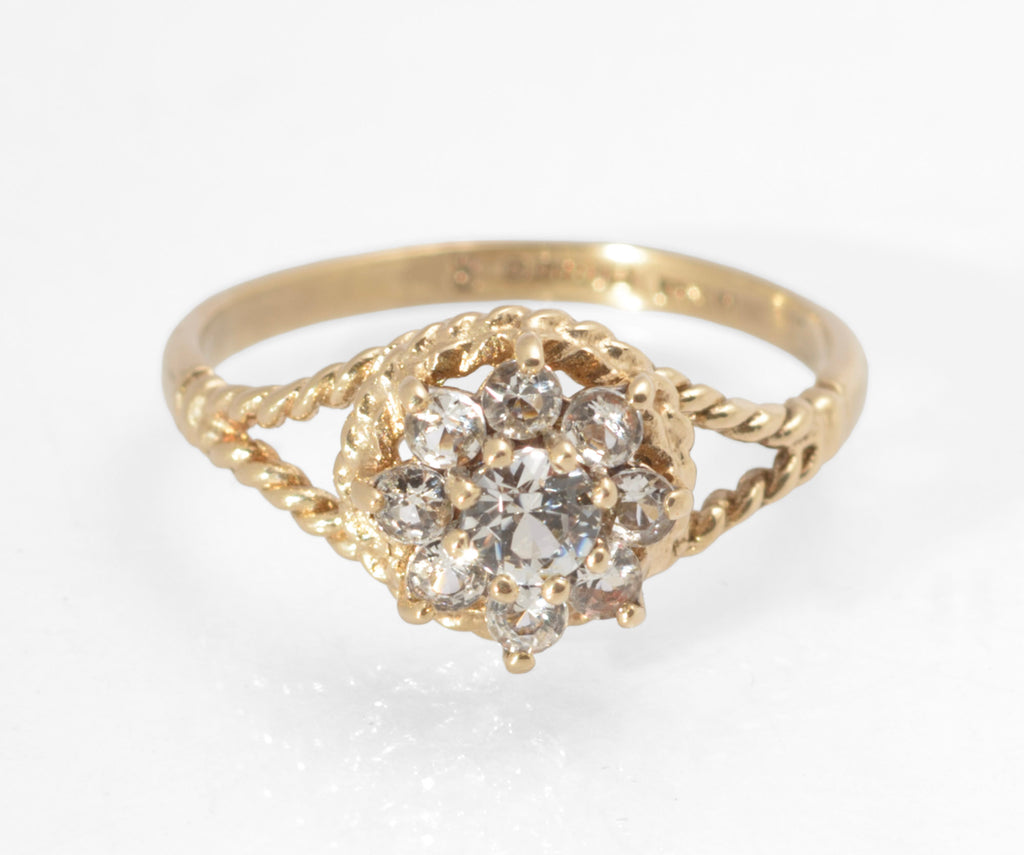 Vintage 9ct Gold Natural Zircon Cluster Ring with Rope Twist Shoulders, Birmingham 1979 UK Size J1/2 (C2959)