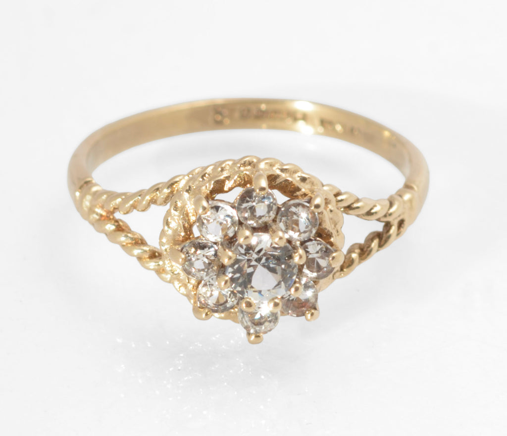 Vintage 9ct Gold Natural Zircon Cluster Ring with Rope Twist Shoulders, Birmingham 1979 UK Size J1/2 (C2959)