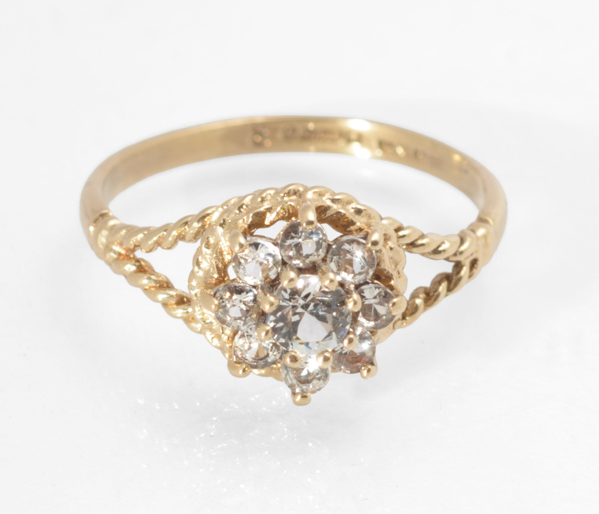 Vintage 9ct Gold Natural Zircon Cluster Ring with Rope Twist Shoulders, Birmingham 1979 UK Size J1/2 (C2959)