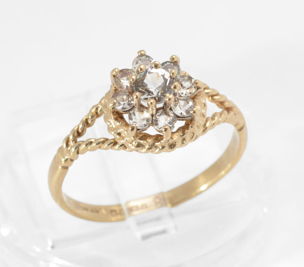 Vintage 9ct Gold Natural Zircon Cluster Ring with Rope Twist Shoulders, Birmingham 1979 UK Size J1/2 (C2959)