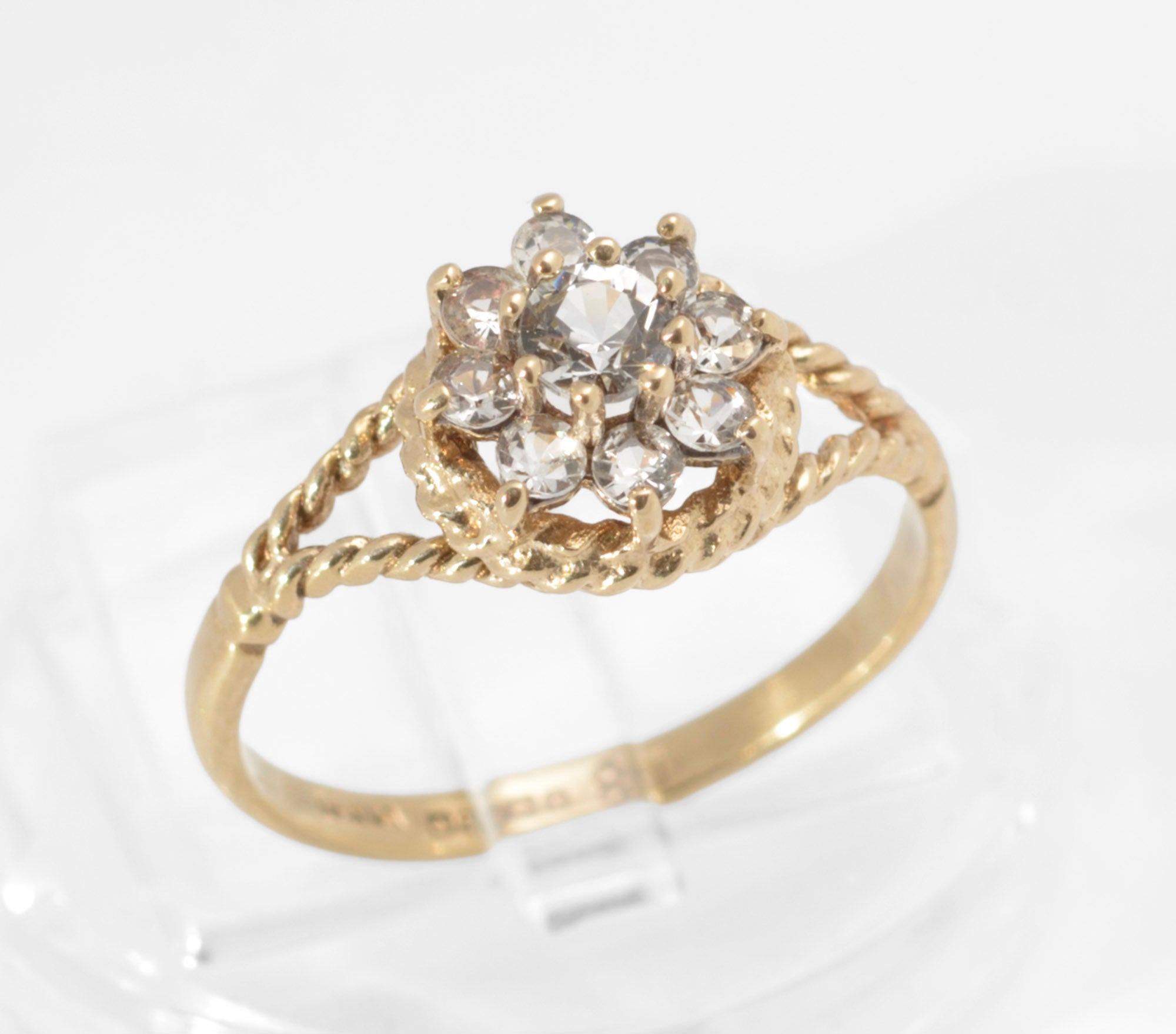 Vintage 9ct Gold Natural Zircon Cluster Ring with Rope Twist Shoulders, Birmingham 1979 UK Size J1/2 (C2959)