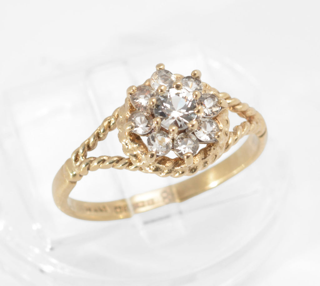 Vintage 9ct Gold Natural Zircon Cluster Ring with Rope Twist Shoulders, Birmingham 1979 UK Size J1/2 (C2959)