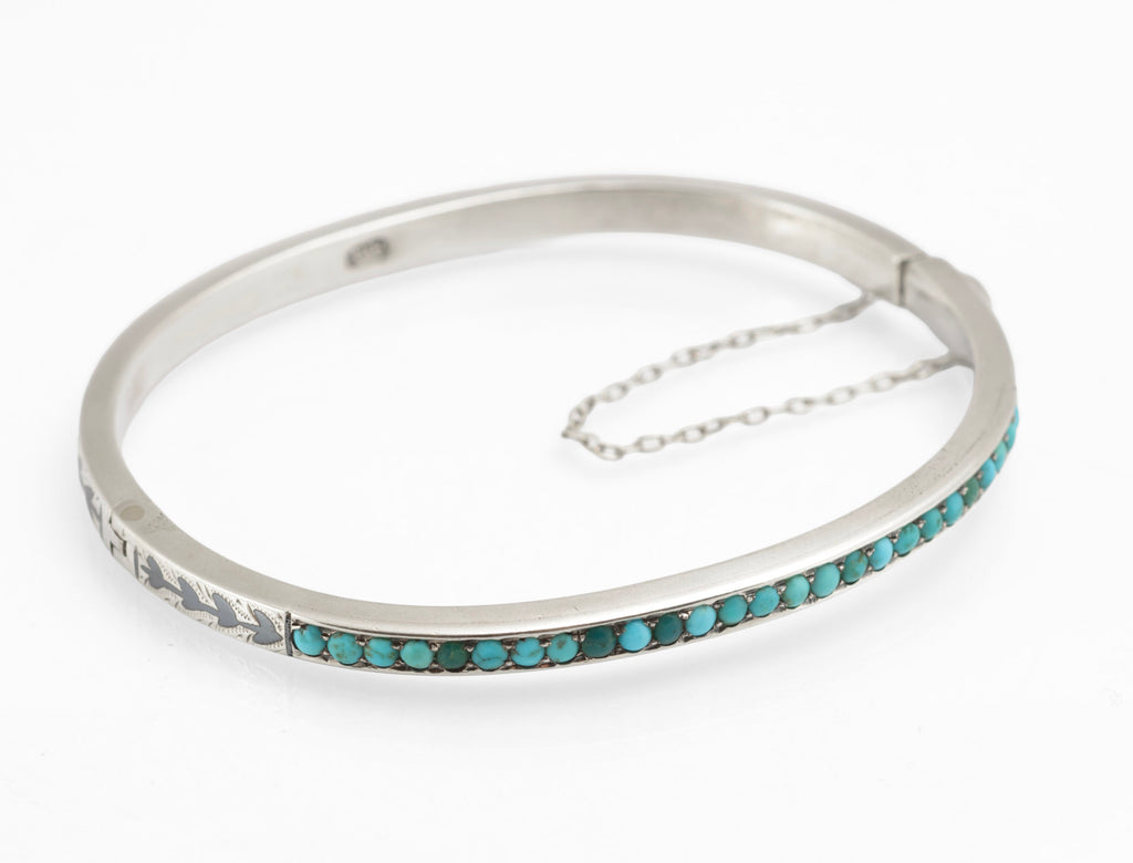 Antique Russian 84 Silver Niello and Turquoise Bangle, Likely Kubachi, Late 19th Century (C2960)