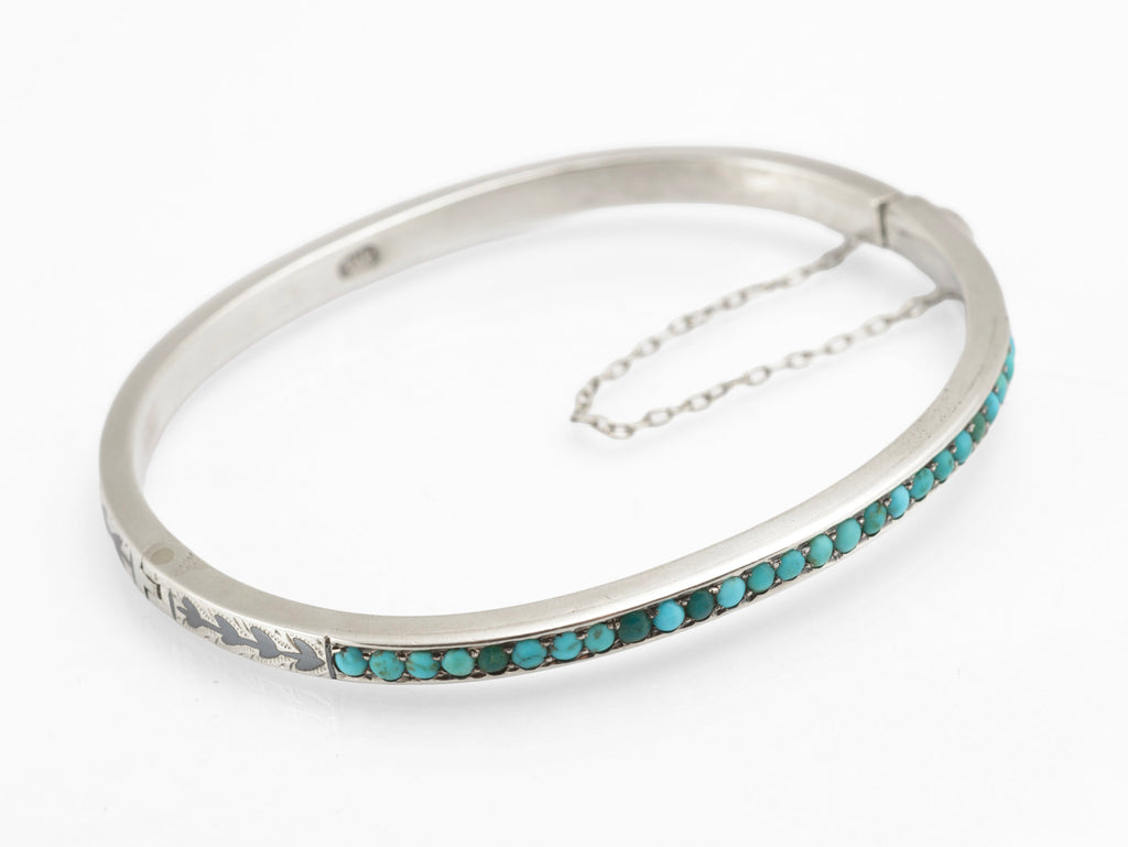 Antique Russian 84 Silver Niello and Turquoise Bangle, Likely Kubachi, Late 19th Century (C2960)