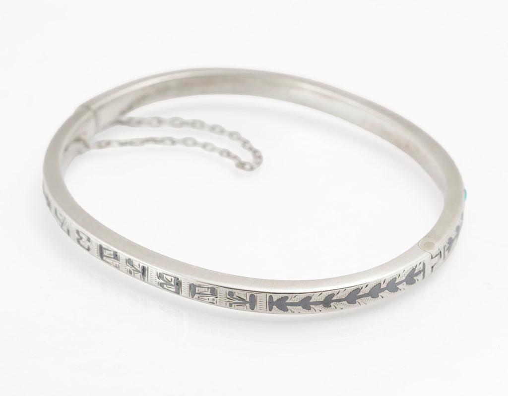 Antique Russian 84 Silver Niello and Turquoise Bangle, Likely Kubachi, Late 19th Century (C2960)