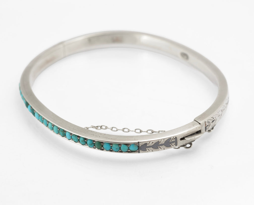 Antique Russian 84 Silver Niello and Turquoise Bangle, Likely Kubachi, Late 19th Century (C2960)