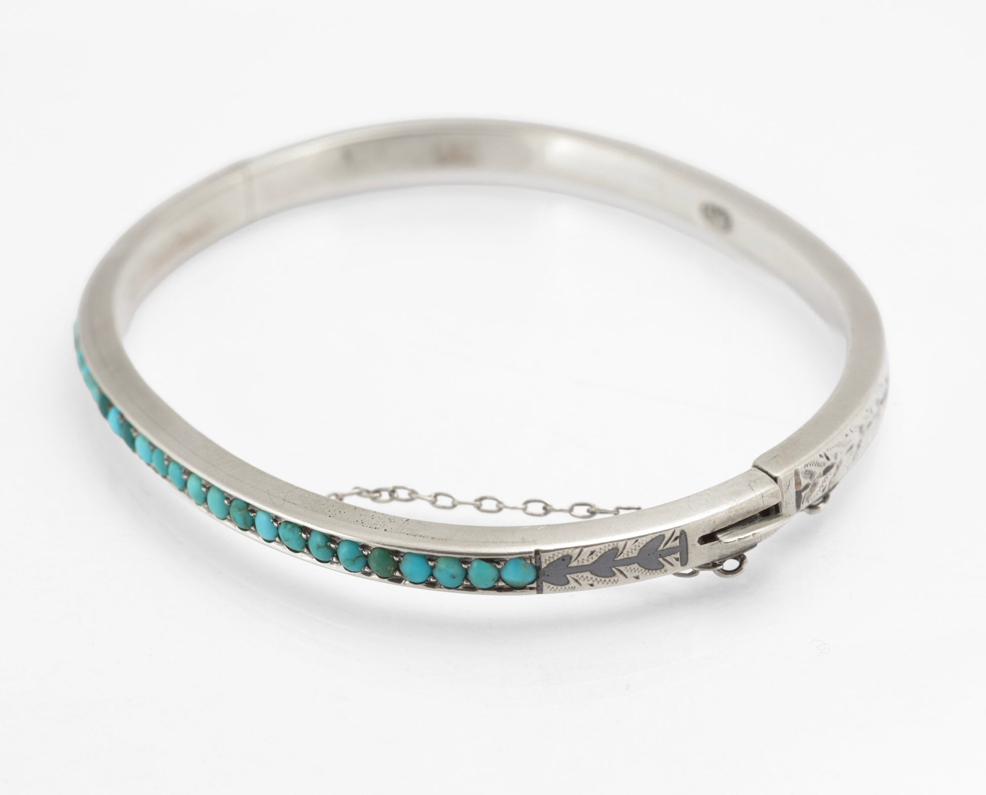 Antique Russian 84 Silver Niello and Turquoise Bangle, Likely Kubachi, Late 19th Century (C2960)