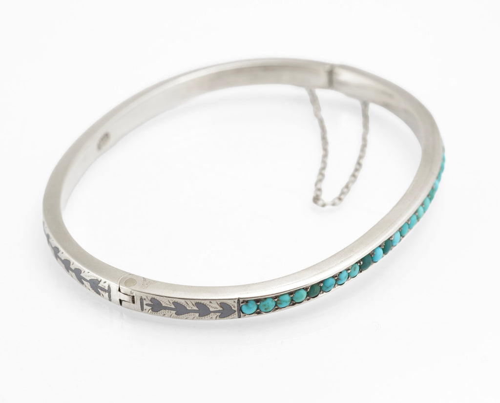 Antique Russian 84 Silver Niello and Turquoise Bangle, Likely Kubachi, Late 19th Century (C2960)