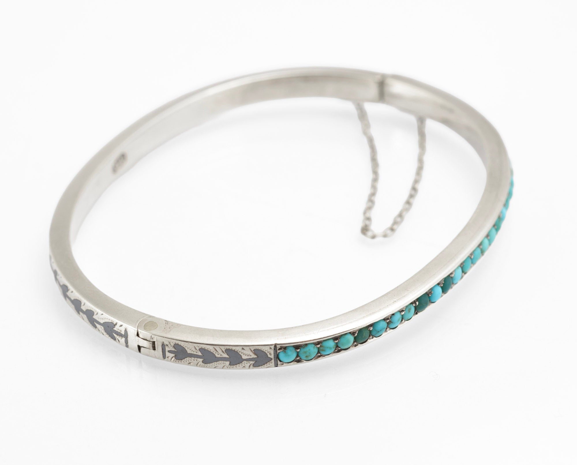 Antique Russian 84 Silver Niello and Turquoise Bangle, Likely Kubachi, Late 19th Century (C2960)