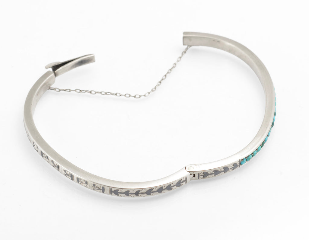 Antique Russian 84 Silver Niello and Turquoise Bangle, Likely Kubachi, Late 19th Century (C2960)