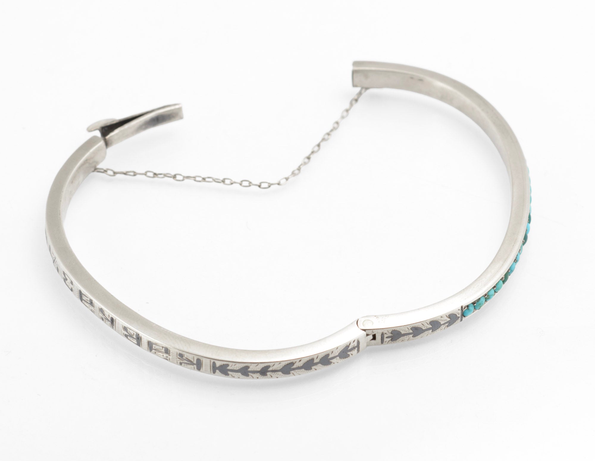 Antique Russian 84 Silver Niello and Turquoise Bangle, Likely Kubachi, Late 19th Century (C2960)
