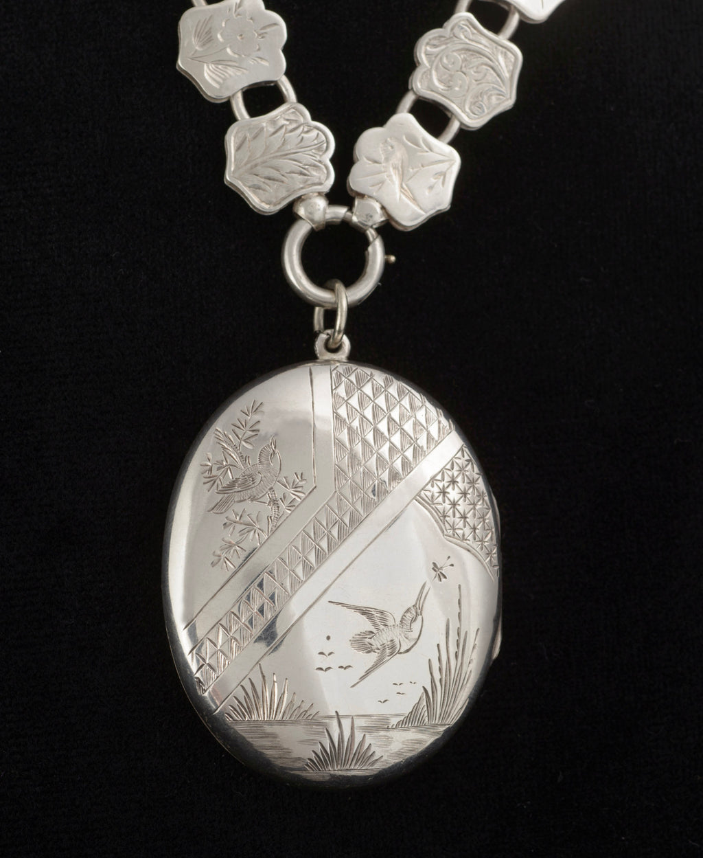 Antique Victorian Silver Kingfisher Bird Locket and Engraved Book Chain Necklace, Aesthetic Period, Birmingham 1881 (C2961)