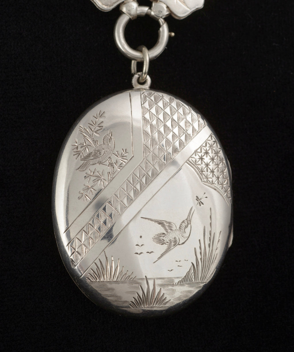 Antique Victorian Silver Kingfisher Bird Locket and Engraved Book Chain Necklace, Aesthetic Period, Birmingham 1881 (C2961)