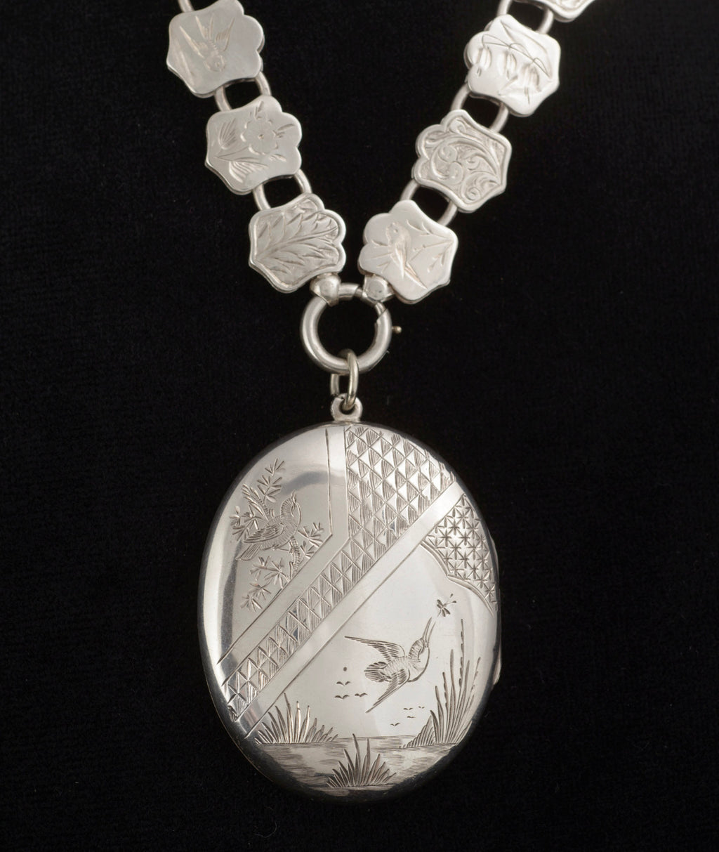 Antique Victorian Silver Kingfisher Bird Locket and Engraved Book Chain Necklace, Aesthetic Period, Birmingham 1881 (C2961)
