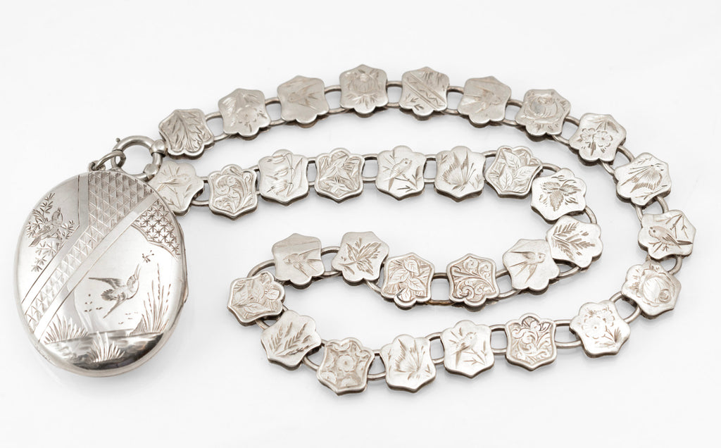 Antique Victorian Silver Kingfisher Bird Locket and Engraved Book Chain Necklace, Aesthetic Period, Birmingham 1881 (C2961)