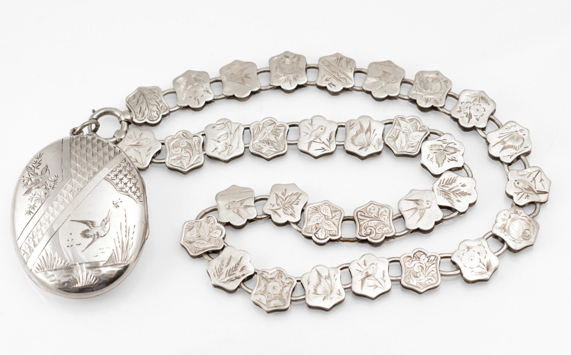 Antique Victorian Silver Kingfisher Bird Locket and Engraved Book Chain Necklace, Aesthetic Period, Birmingham 1881 (C2961)