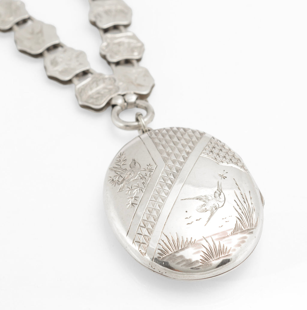 Antique Victorian Silver Kingfisher Bird Locket and Engraved Book Chain Necklace, Aesthetic Period, Birmingham 1881 (C2961)
