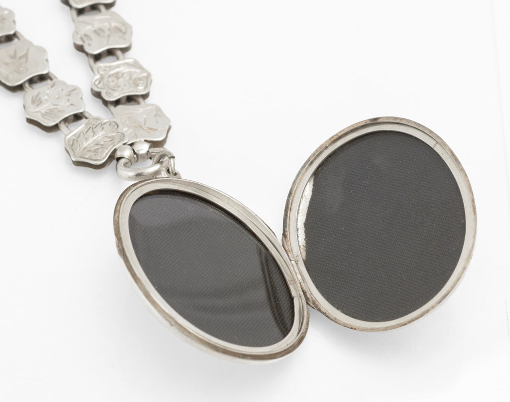 Antique Victorian Silver Kingfisher Bird Locket and Engraved Book Chain Necklace, Aesthetic Period, Birmingham 1881 (C2961)