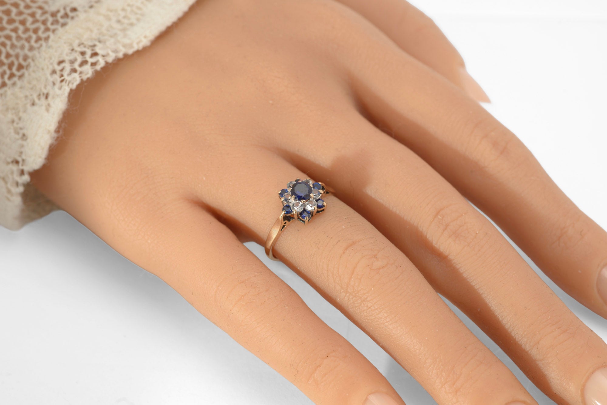 Vintage 9ct Gold Lab Grown Sapphire and White Zircon Cluster Ring, Hallmarked Birmingham 1970 UK Size N(C2963)