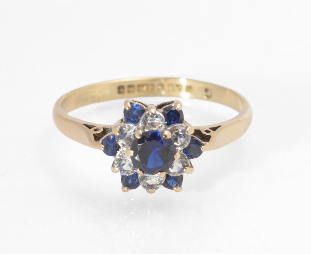 Vintage 9ct Gold Lab Grown Sapphire and White Zircon Cluster Ring, Hallmarked Birmingham 1970 UK Size N(C2963)