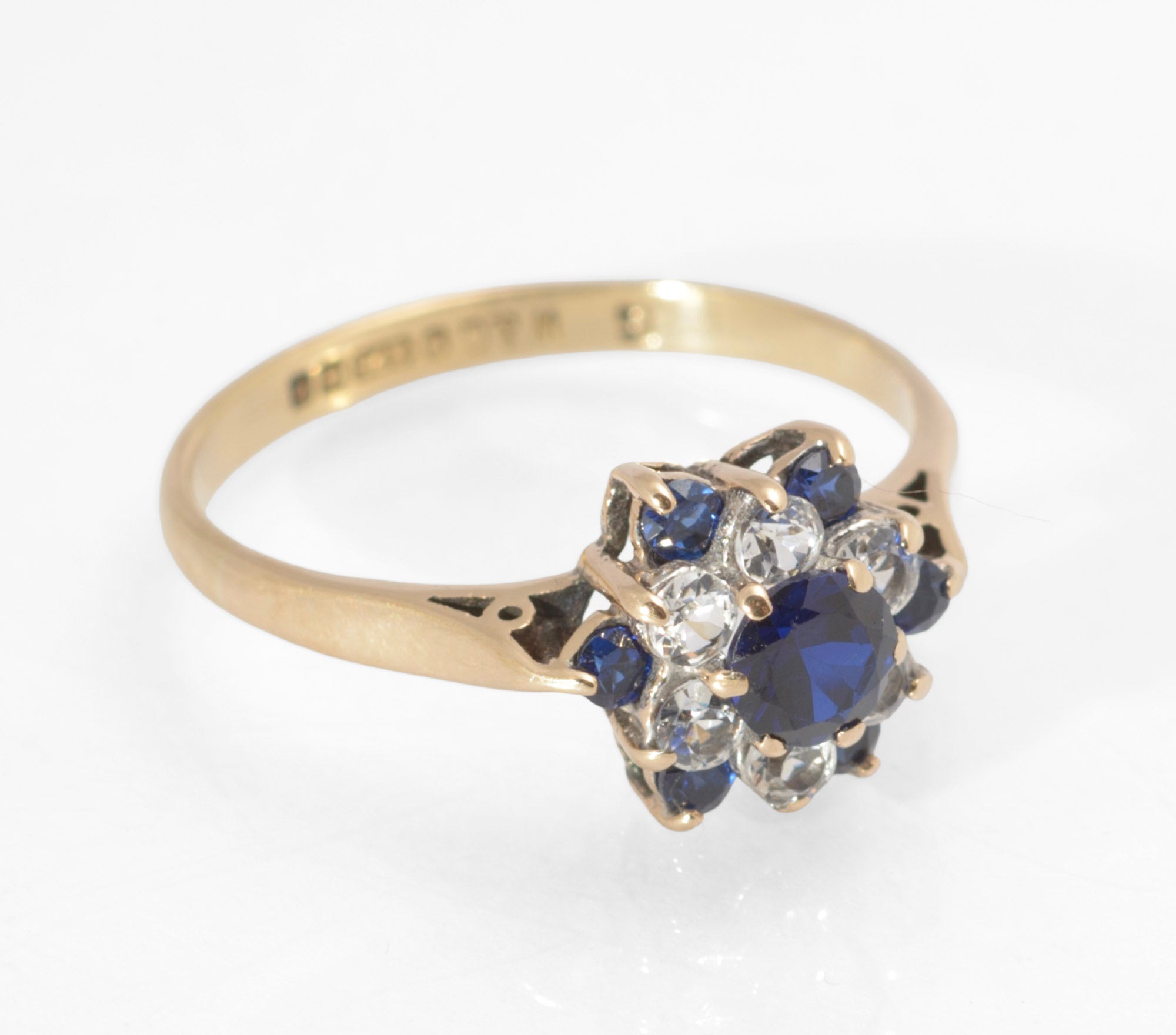 Vintage 9ct Gold Lab Grown Sapphire and White Zircon Cluster Ring, Hallmarked Birmingham 1970 UK Size N(C2963)