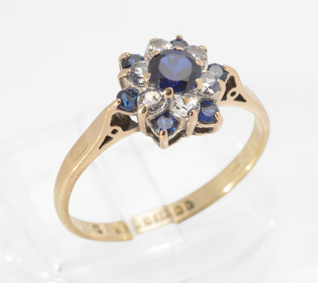 Vintage 9ct Gold Lab Grown Sapphire and White Zircon Cluster Ring, Hallmarked Birmingham 1970 UK Size N(C2963)