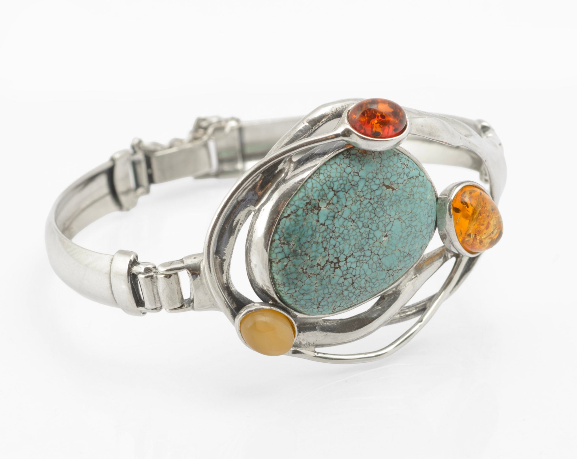 Modernist Vintage Sterling Silver Hubei Spiderweb Turquoise and Baltic Amber Butterscotch Bangle, Polish Gdansk School 925 (C2967)