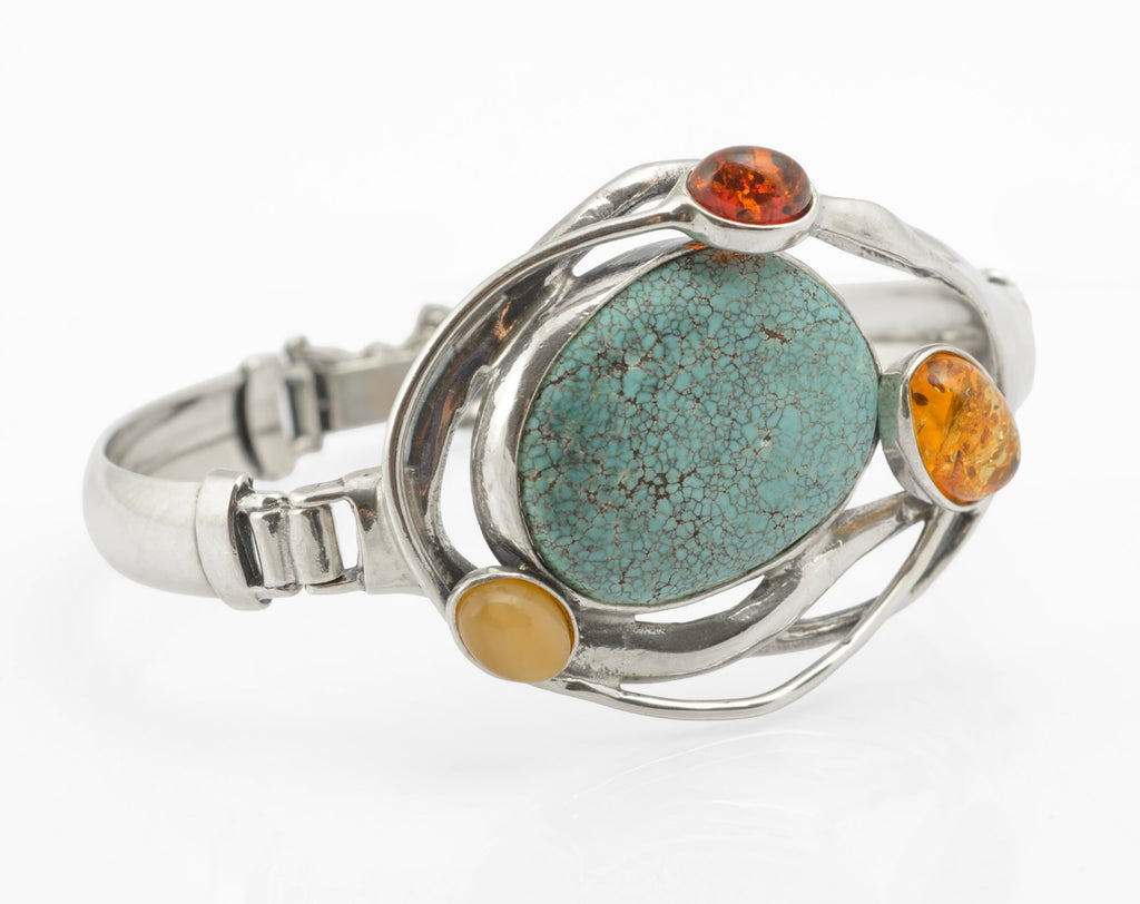 Modernist Vintage Sterling Silver Hubei Spiderweb Turquoise and Baltic Amber Butterscotch Bangle, Polish Gdansk School 925 (C2967)