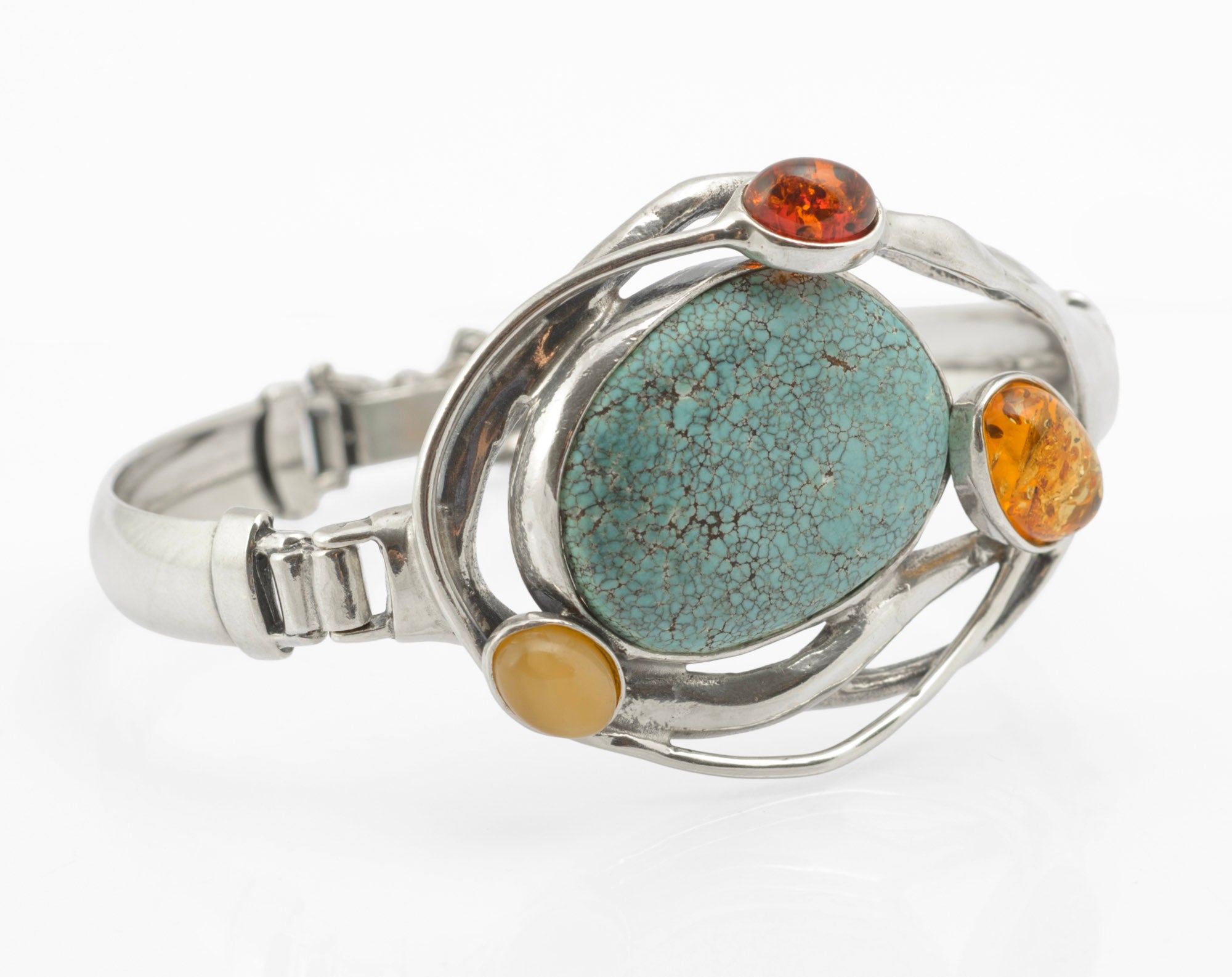 Modernist Vintage Sterling Silver Hubei Spiderweb Turquoise and Baltic Amber Butterscotch Bangle, Polish Gdansk School 925 (C2967)