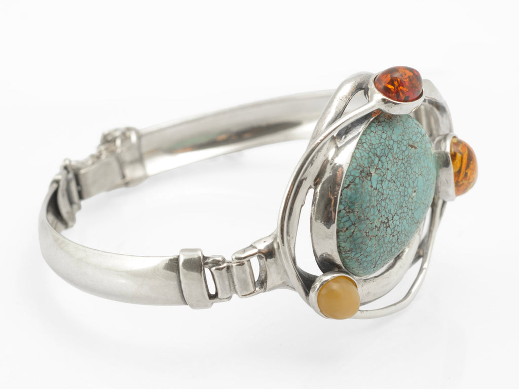 Modernist Vintage Sterling Silver Hubei Spiderweb Turquoise and Baltic Amber Butterscotch Bangle, Polish Gdansk School 925 (C2967)