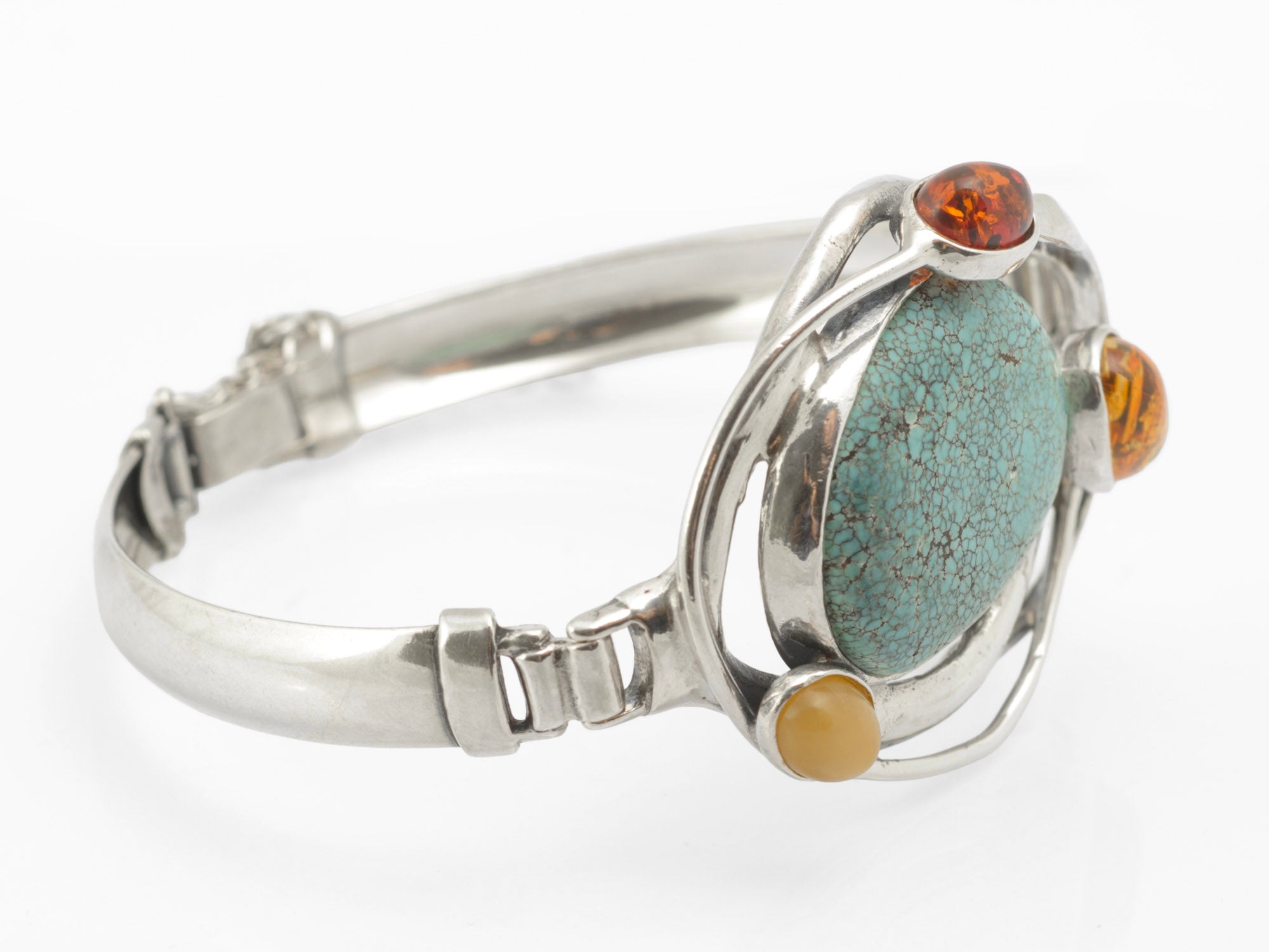 Modernist Vintage Sterling Silver Hubei Spiderweb Turquoise and Baltic Amber Butterscotch Bangle, Polish Gdansk School 925 (C2967)