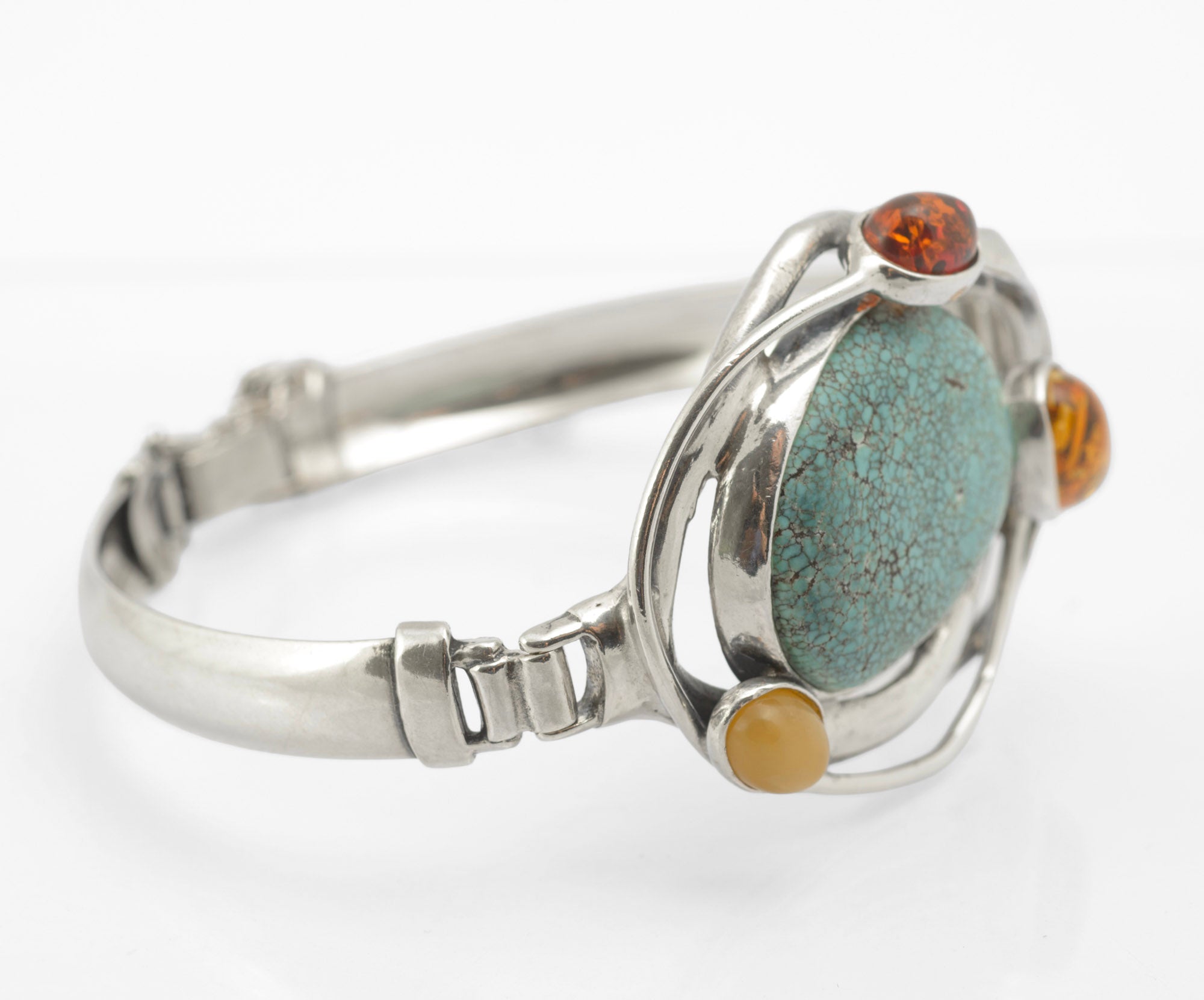 Modernist Vintage Sterling Silver Hubei Spiderweb Turquoise and Baltic Amber Butterscotch Bangle, Polish Gdansk School 925 (C2967)