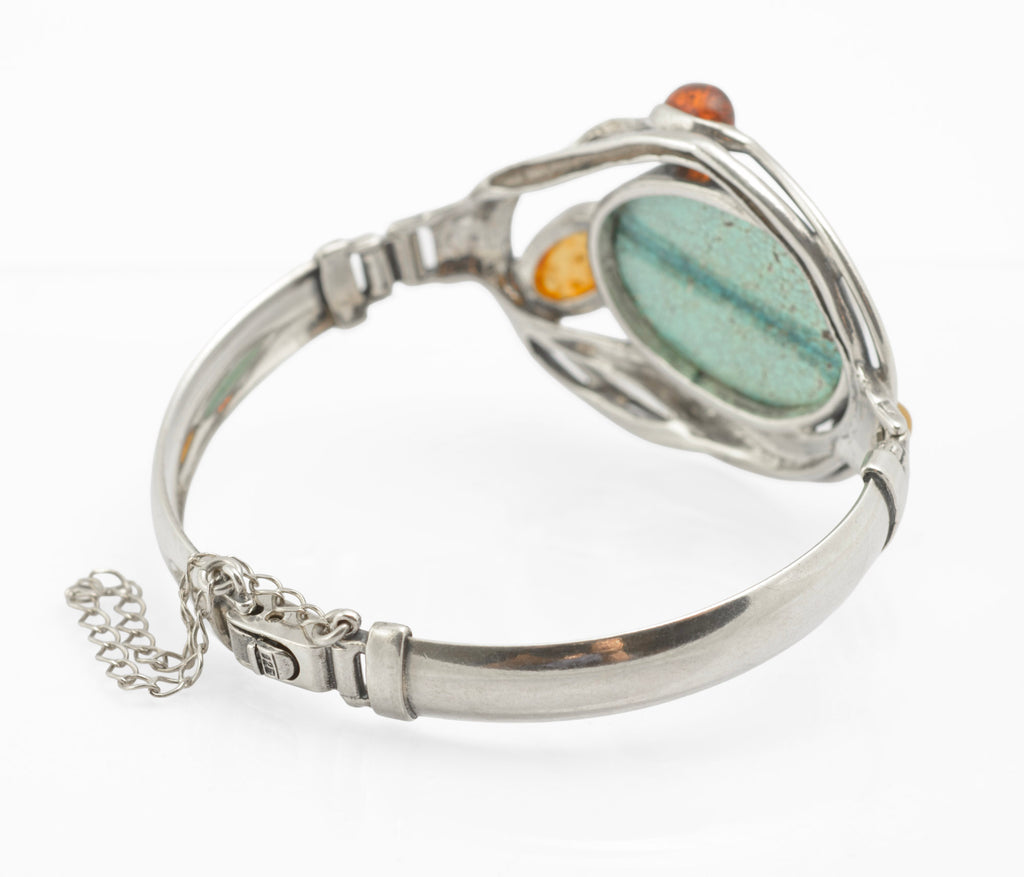 Modernist Vintage Sterling Silver Hubei Spiderweb Turquoise and Baltic Amber Butterscotch Bangle, Polish Gdansk School 925 (C2967)