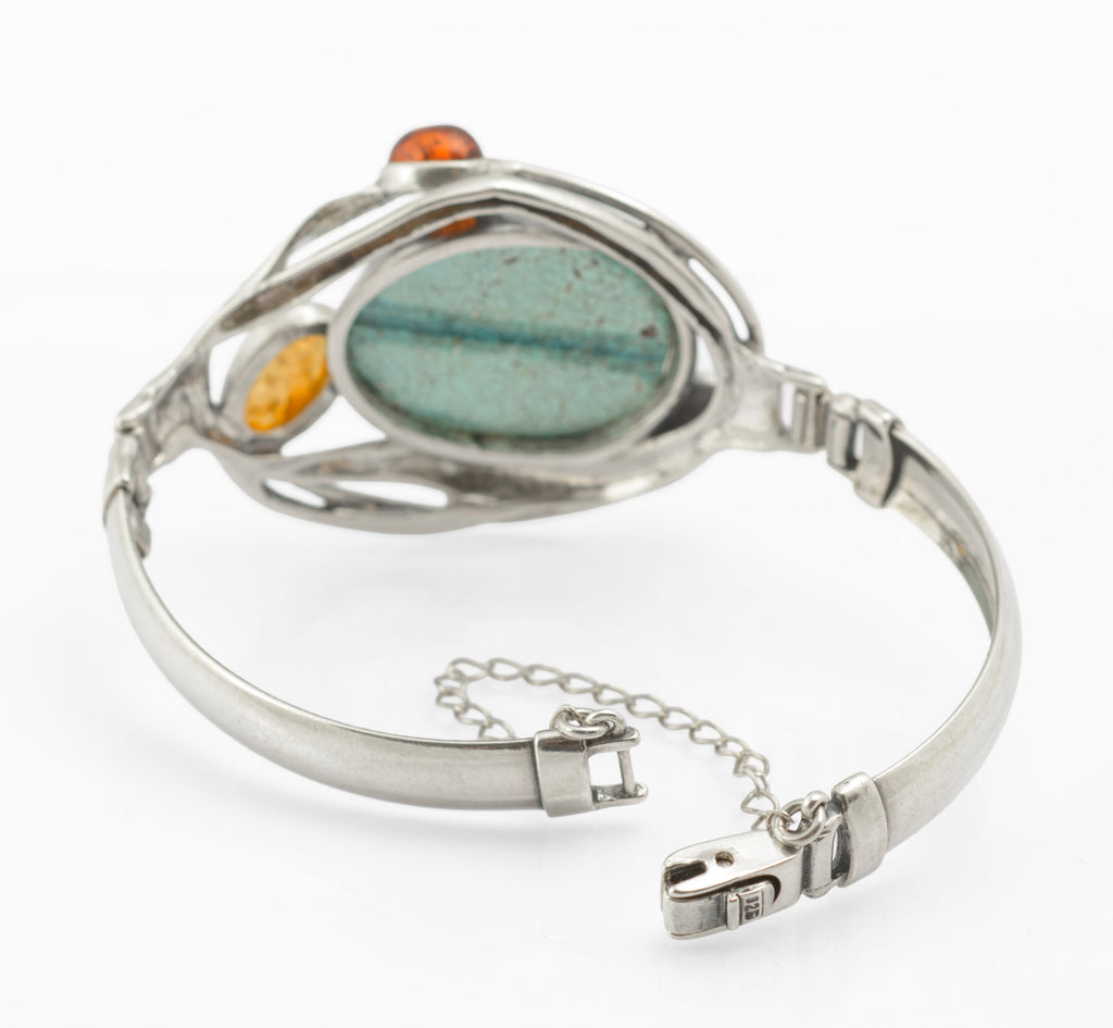 Modernist Vintage Sterling Silver Hubei Spiderweb Turquoise and Baltic Amber Butterscotch Bangle, Polish Gdansk School 925 (C2967)