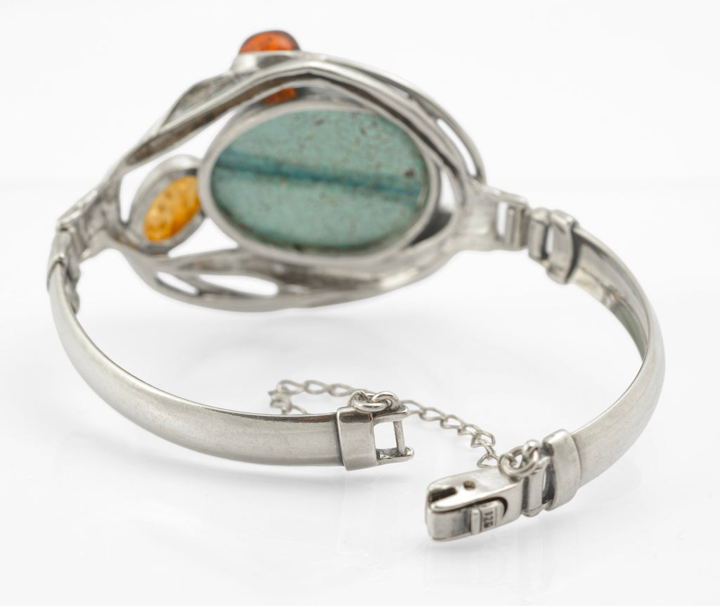Modernist Vintage Sterling Silver Hubei Spiderweb Turquoise and Baltic Amber Butterscotch Bangle, Polish Gdansk School 925 (C2967)