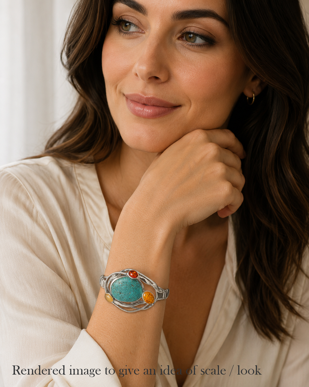 Modernist Sterling Silver Bangle – Hubei Spiderweb Turquoise & Baltic Amber, 925, Circa 1970s - C2967