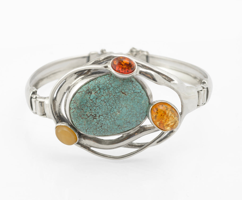 Modernist Vintage Sterling Silver Hubei Spiderweb Turquoise and Baltic Amber Butterscotch Bangle, Polish Gdansk School 925 (C2967)