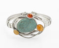 Modernist Vintage Sterling Silver Hubei Spiderweb Turquoise and Baltic Amber Butterscotch Bangle, Polish Gdansk School 925 (C2967)