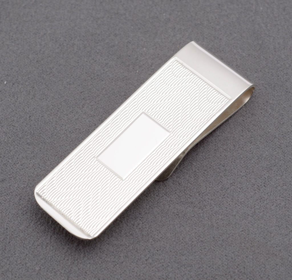 Sterling Silver Money Clip - Engine Turned - Engravable Cartouche - Birmingham Hallmarked - C2972