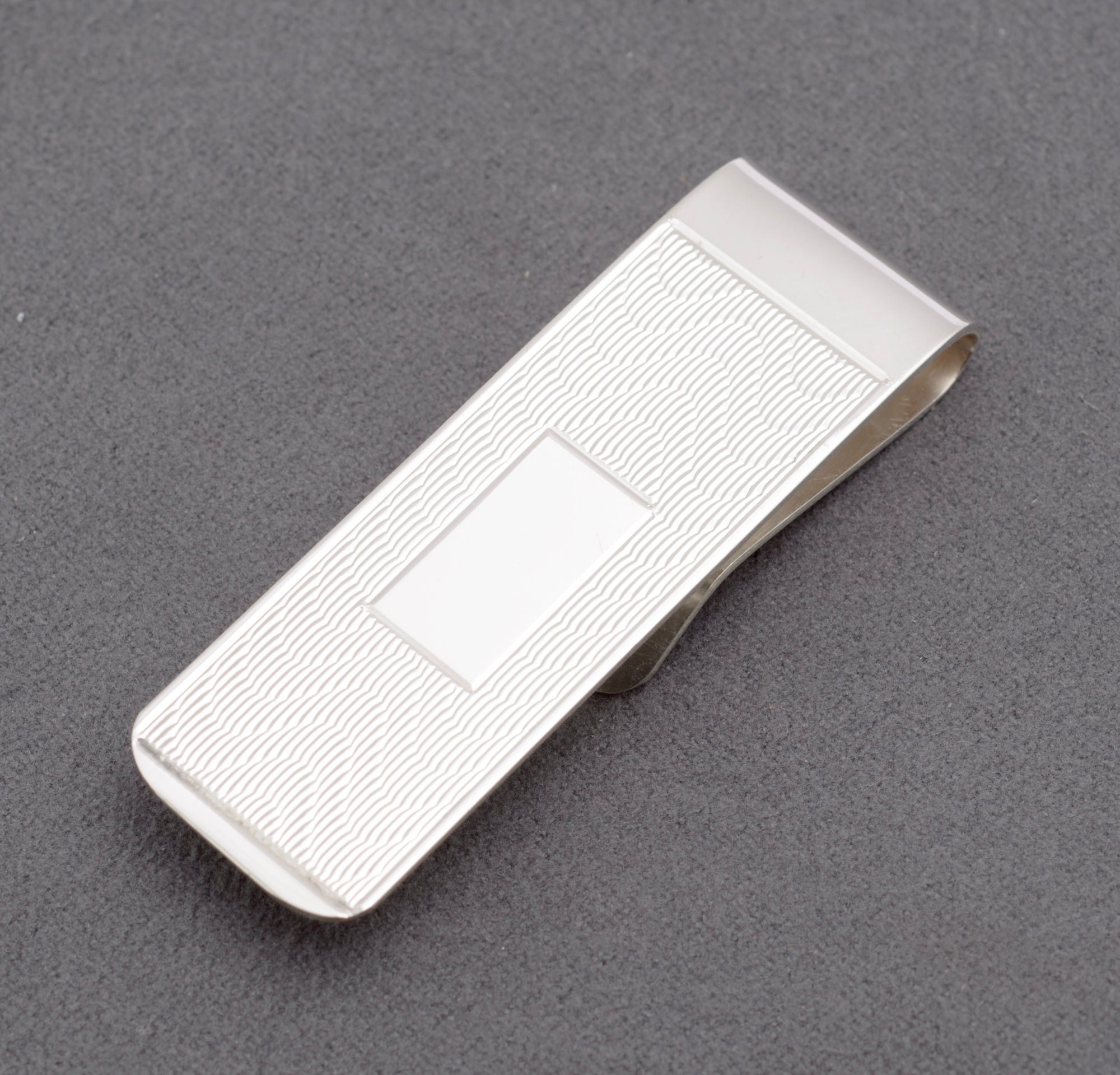 Sterling Silver Money Clip - Engine Turned - Engravable Cartouche - Birmingham Hallmarked - C2972