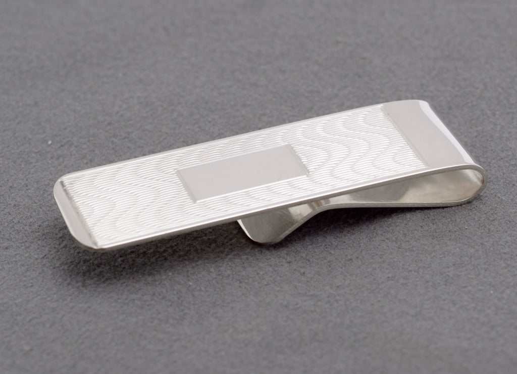 Sterling Silver Money Clip - Engine Turned - Engravable Cartouche - Birmingham Hallmarked - C2972