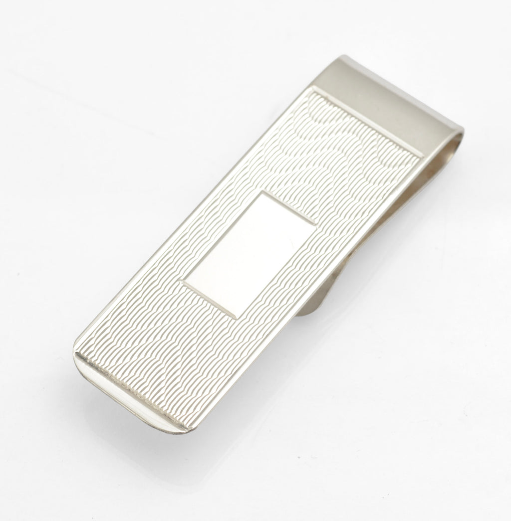 Sterling Silver Money Clip - Engine Turned - Engravable Cartouche - Birmingham Hallmarked - C2972
