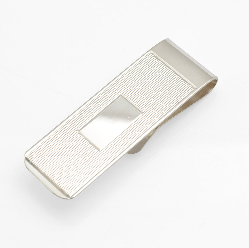 Sterling Silver Money Clip - Engine Turned - Engravable Cartouche - Birmingham Hallmarked - C2972