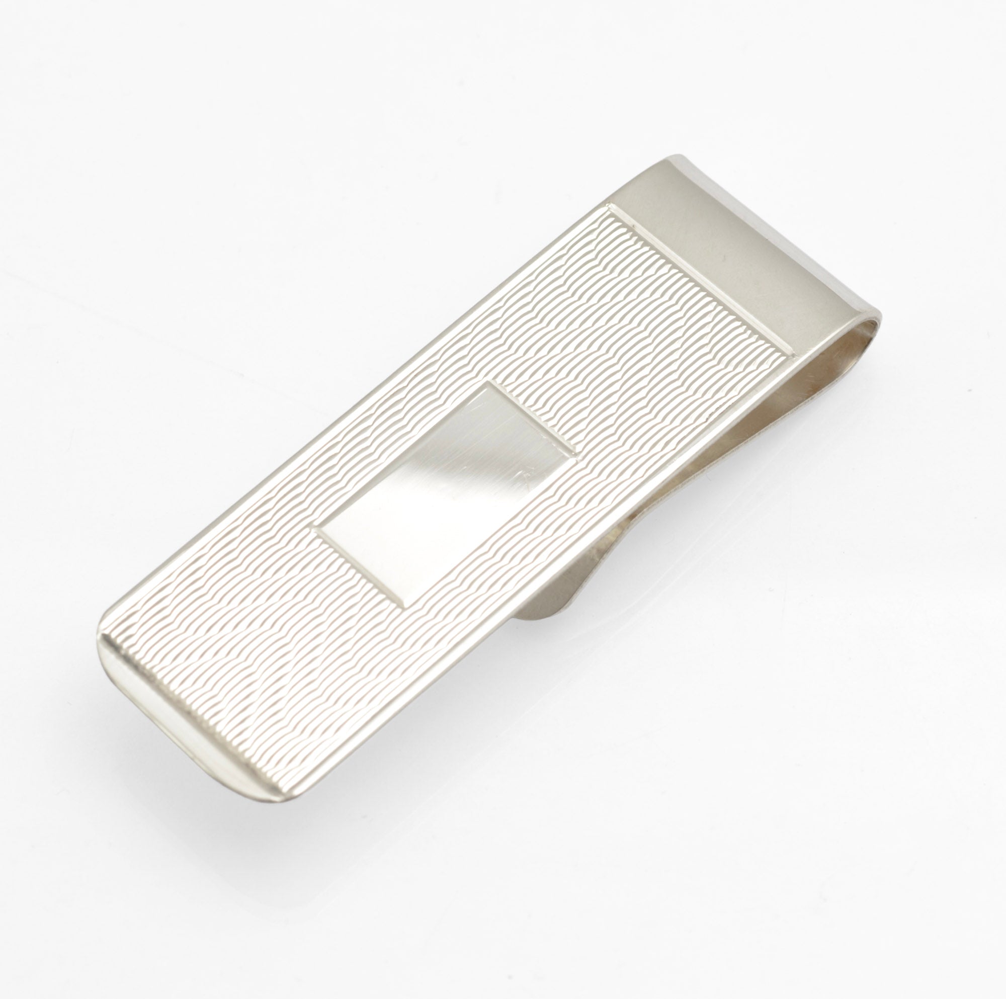 Sterling Silver Money Clip - Engine Turned - Engravable Cartouche - Birmingham Hallmarked - C2972